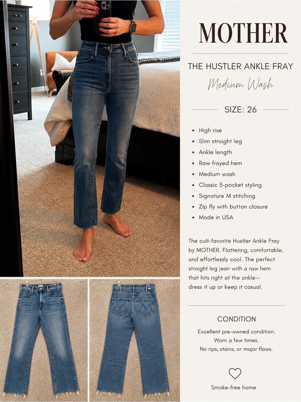 MOTHER The Hustler Ankle Fray Jeans
Size 26 | Medium Wash | Raw Hem